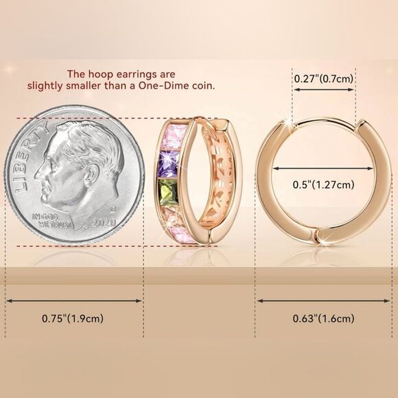 14K Rose Gold with Multicolored Cubic Zirconia Princess Cut Huggie Earrings - Picture 3 of 5